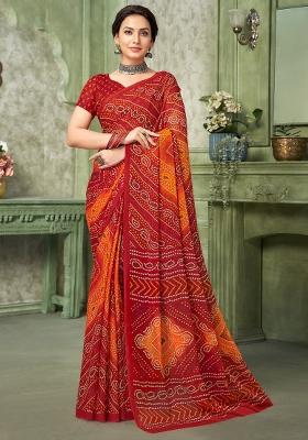 Red Printed Chiffon Saree Set