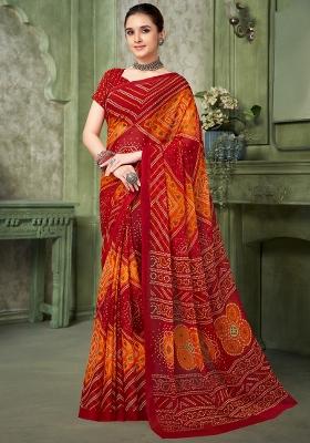 Red Printed Chiffon Saree Set