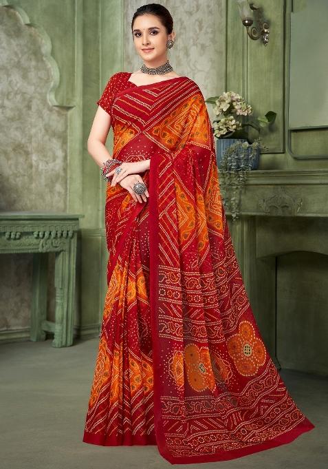 Red Printed Chiffon Saree Set — view on Indya