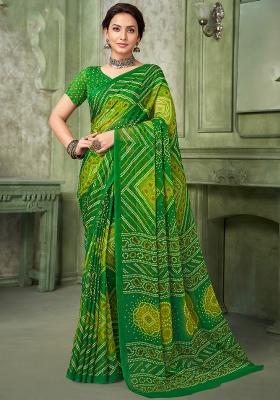Green Printed Chiffon Saree Set