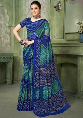 Blue Printed Chiffon Saree Set
