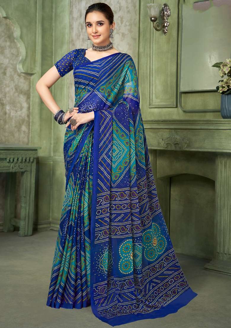 Blue Printed Chiffon Saree Set - Indya
