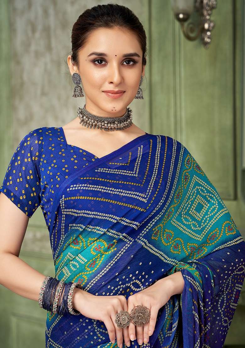 Blue Printed Chiffon Saree Set - Indya