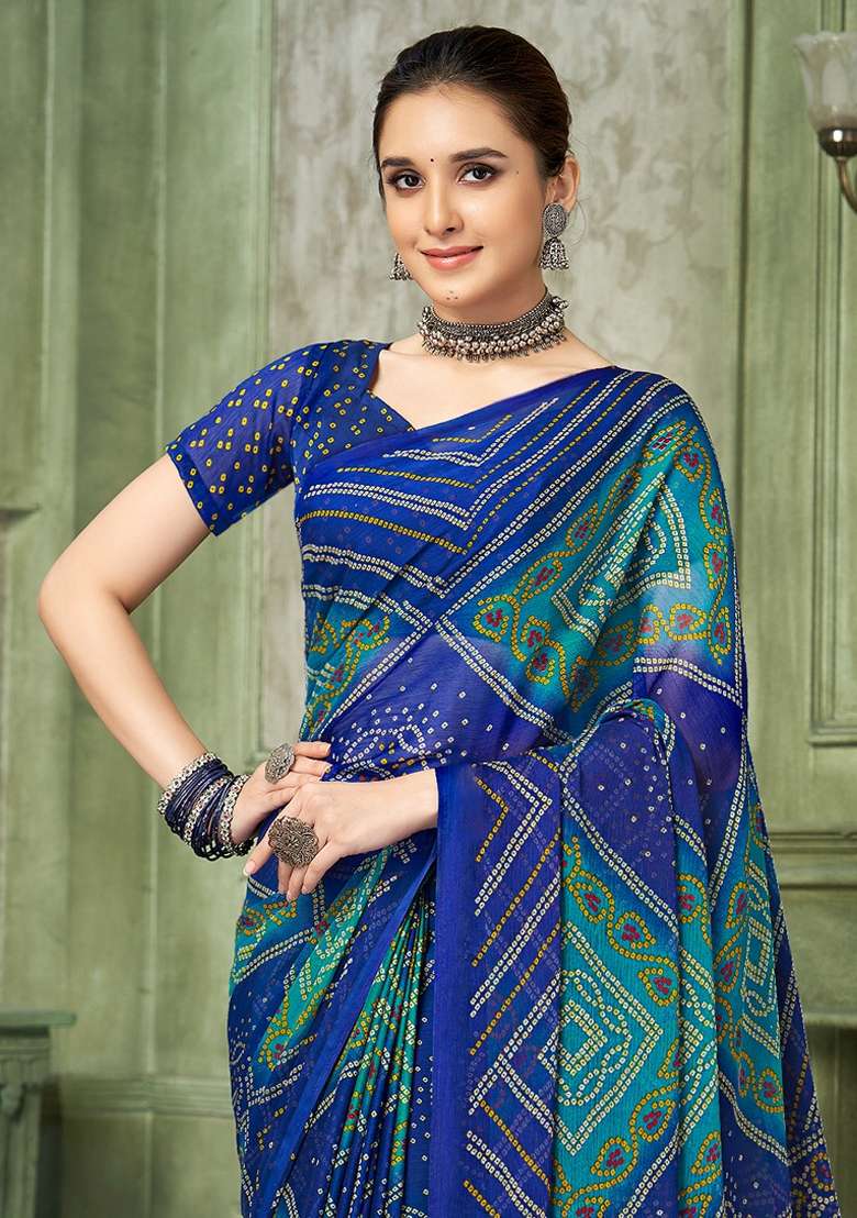 Blue Printed Chiffon Saree Set - Indya