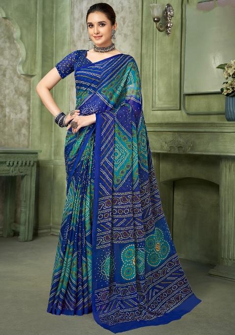 Blue Printed Chiffon Saree Set — view on Indya