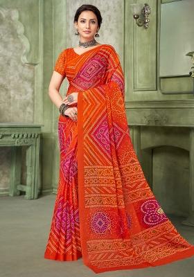 Orange Printed Chiffon Saree Set