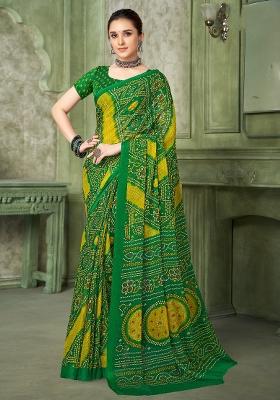 Green Printed Chiffon Saree Set