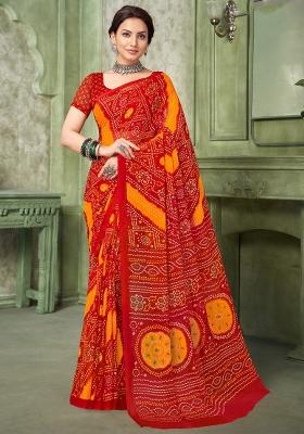 Red Printed Chiffon Saree Set