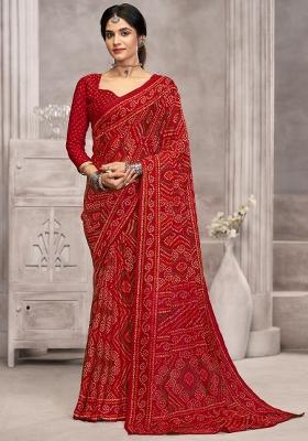 Red Printed Chiffon Saree Set