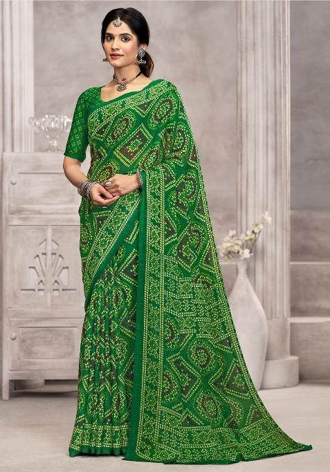 Green Printed Chiffon Saree Set — view on Indya