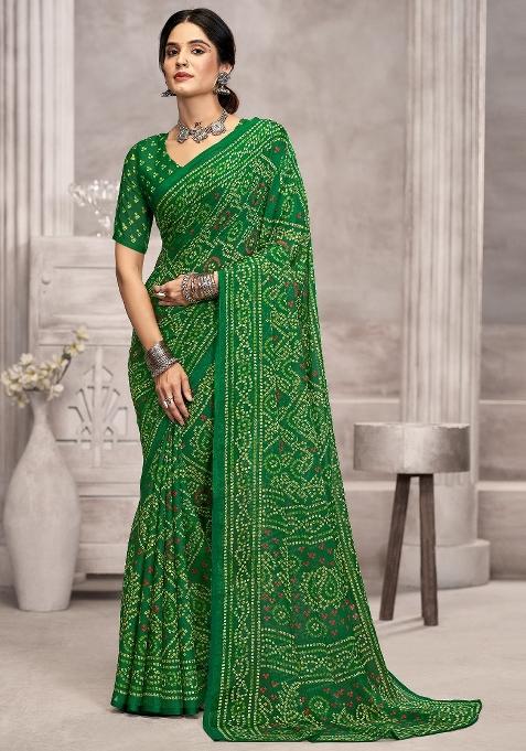 Green Printed Chiffon Saree Set — view on Indya