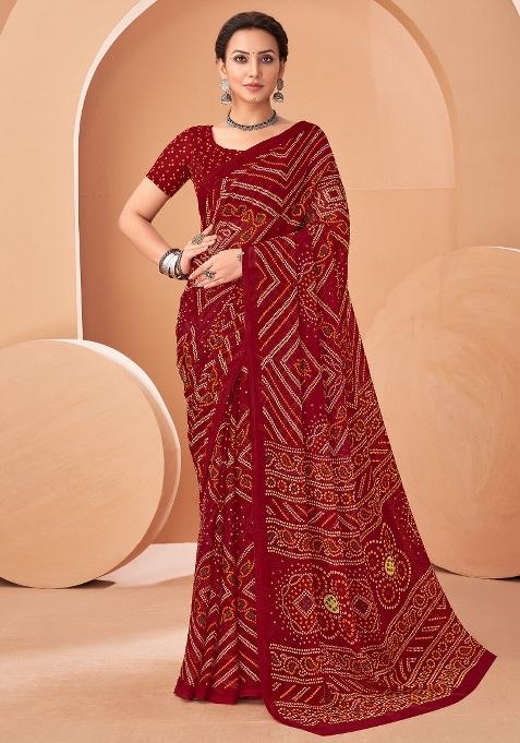 Maroon Printed Chiffon Saree Set — view on Indya