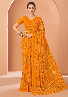 Yellow Printed Chiffon Saree Set