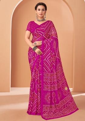 Pink Printed Chiffon Saree Set