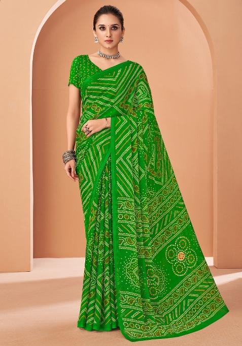Green Printed Chiffon Saree Set — view on Indya