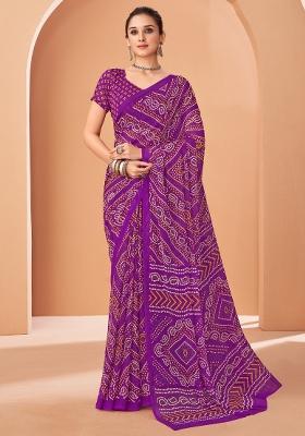 Purple Printed Chiffon Saree Set