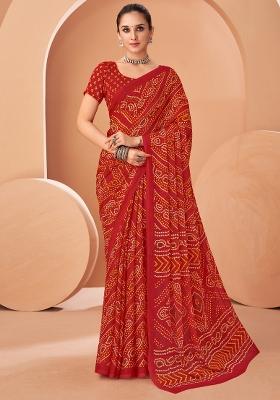 Red Printed Chiffon Saree Set