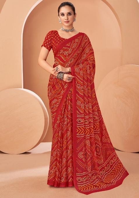 Red Printed Chiffon Saree Set — view on Indya