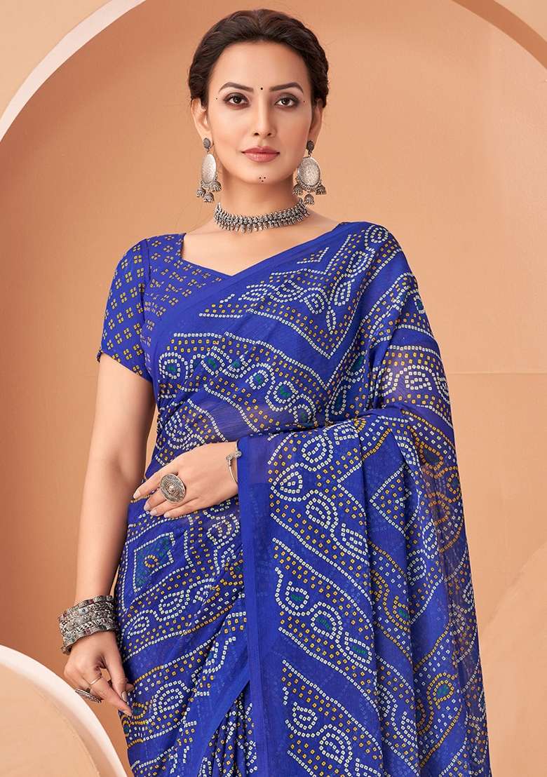 Blue Printed Chiffon Saree Set - Indya