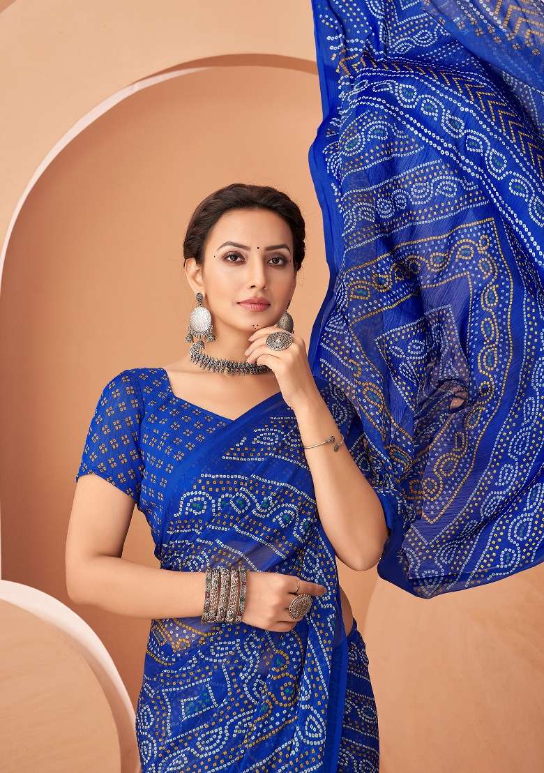 Blue Printed Chiffon Saree Set - Indya