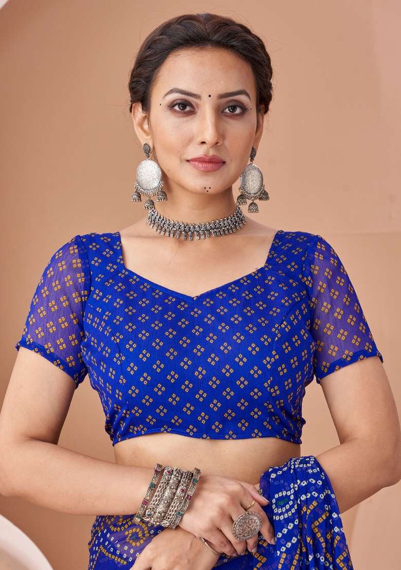 Blue Printed Chiffon Saree Set - Indya
