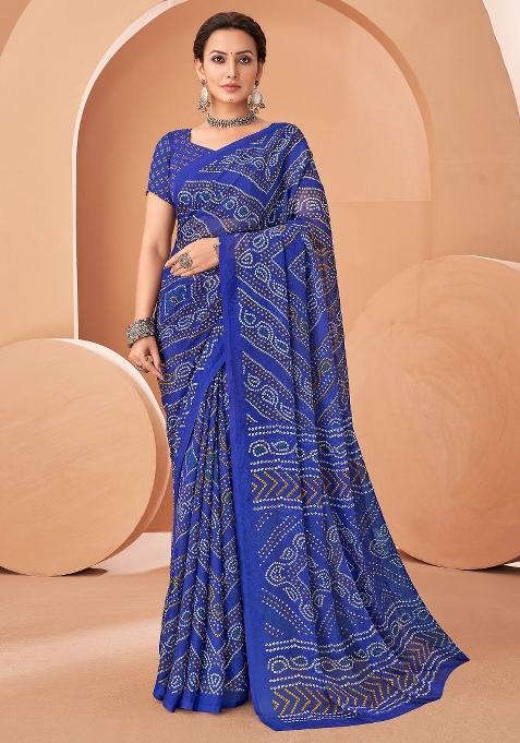 Blue Printed Chiffon Saree Set — view on Indya