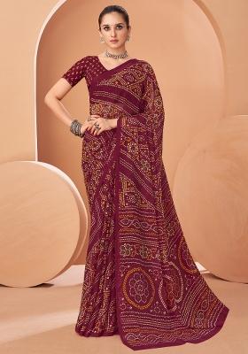 Burgundy Printed Chiffon Saree Set