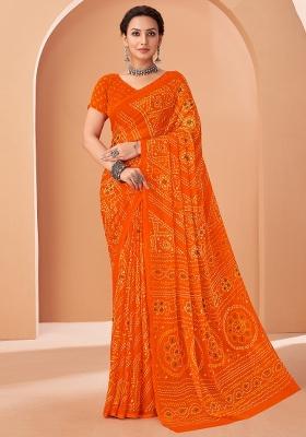 Orange Printed Chiffon Saree Set