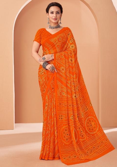 Orange Printed Chiffon Saree Set — view on Indya