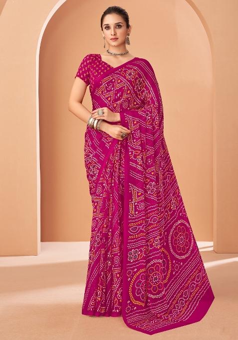 Pink Printed Chiffon Saree Set — view on Indya