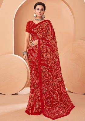 Red Printed Chiffon Saree Set