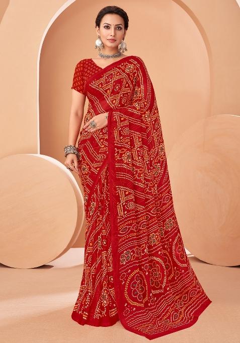 Red Printed Chiffon Saree Set — view on Indya
