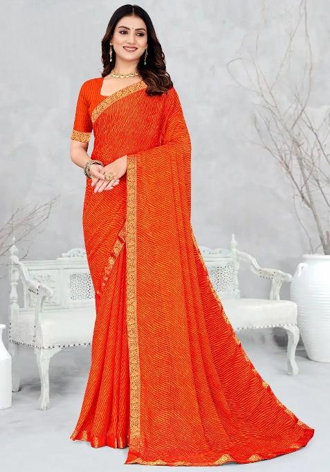 Orange Printed Chiffon Saree Set — view on Indya