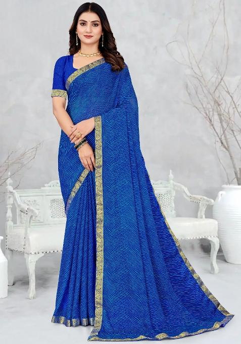 Blue Printed Chiffon Saree Set — view on Indya