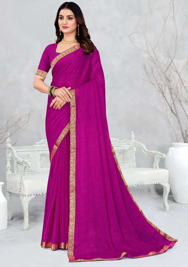 Magenta Printed Chiffon Saree Set - Indya