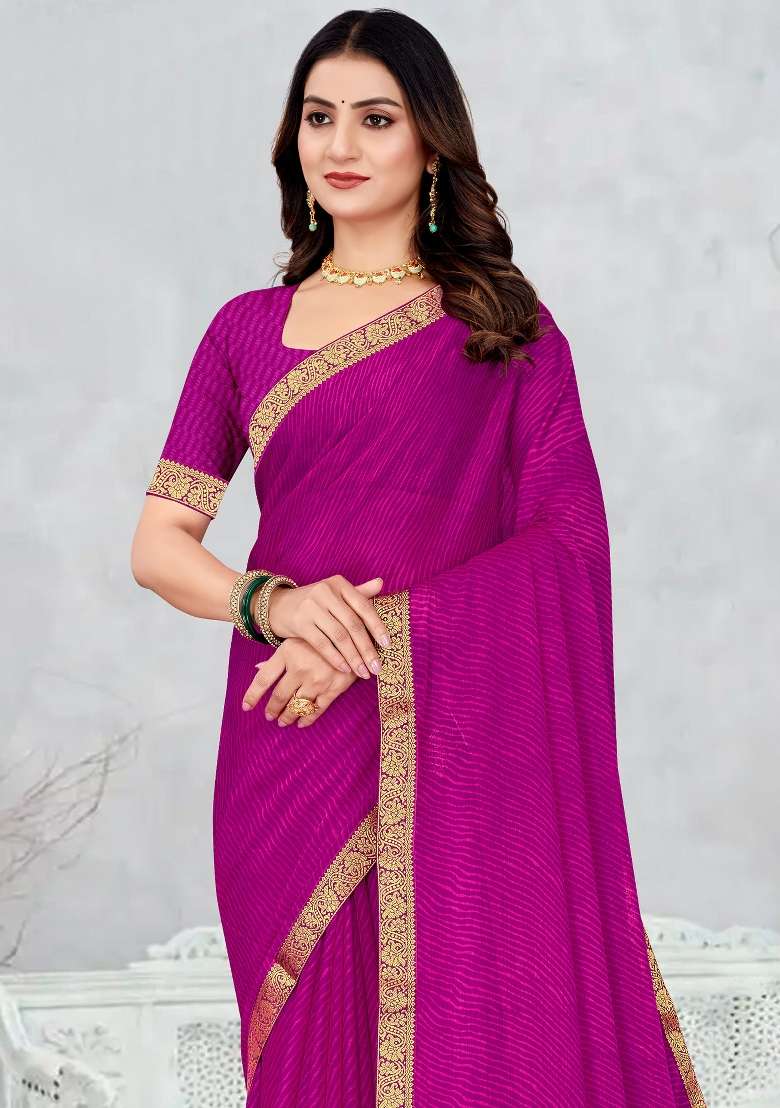 Magenta Printed Chiffon Saree Set - Indya