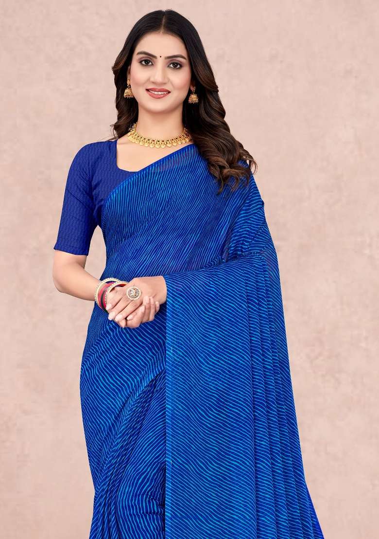 Blue Printed Chiffon Saree Set for Diwali and Festive Wear - Indya