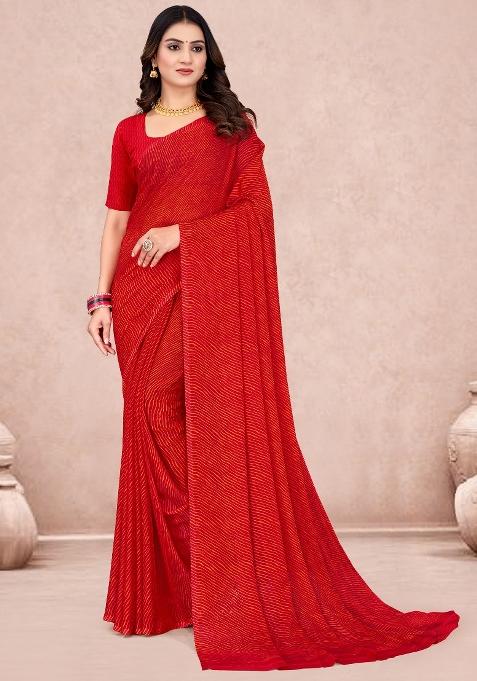 Red Printed Chiffon Saree Set — view on Indya