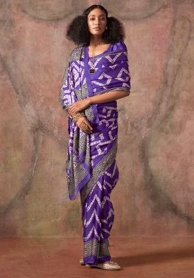 Purple Printed Satin Saree Set