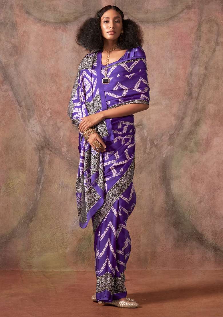 Purple Printed Satin Saree Set - Indya