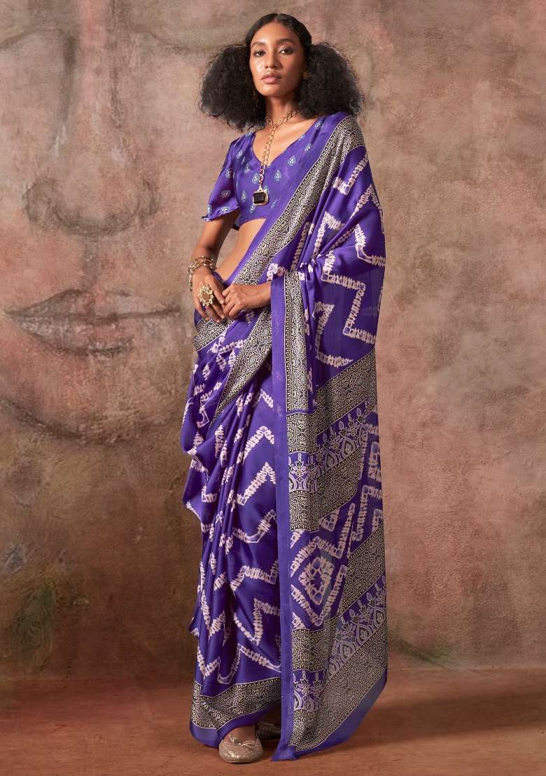 Purple Printed Satin Saree Set - Indya