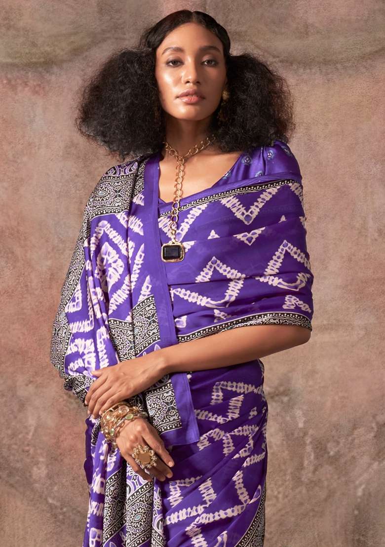 Purple Printed Satin Saree Set - Indya