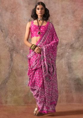 Pink Printed Satin Saree Set