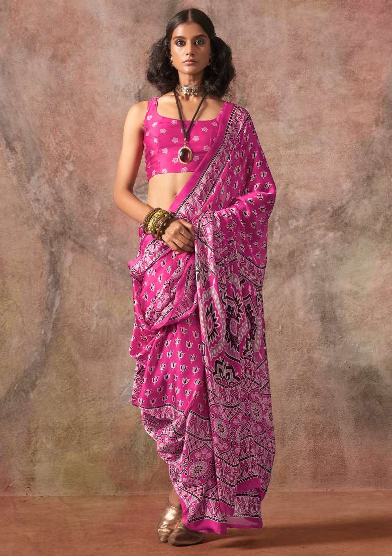 Pink Printed Satin Saree Set - Indya