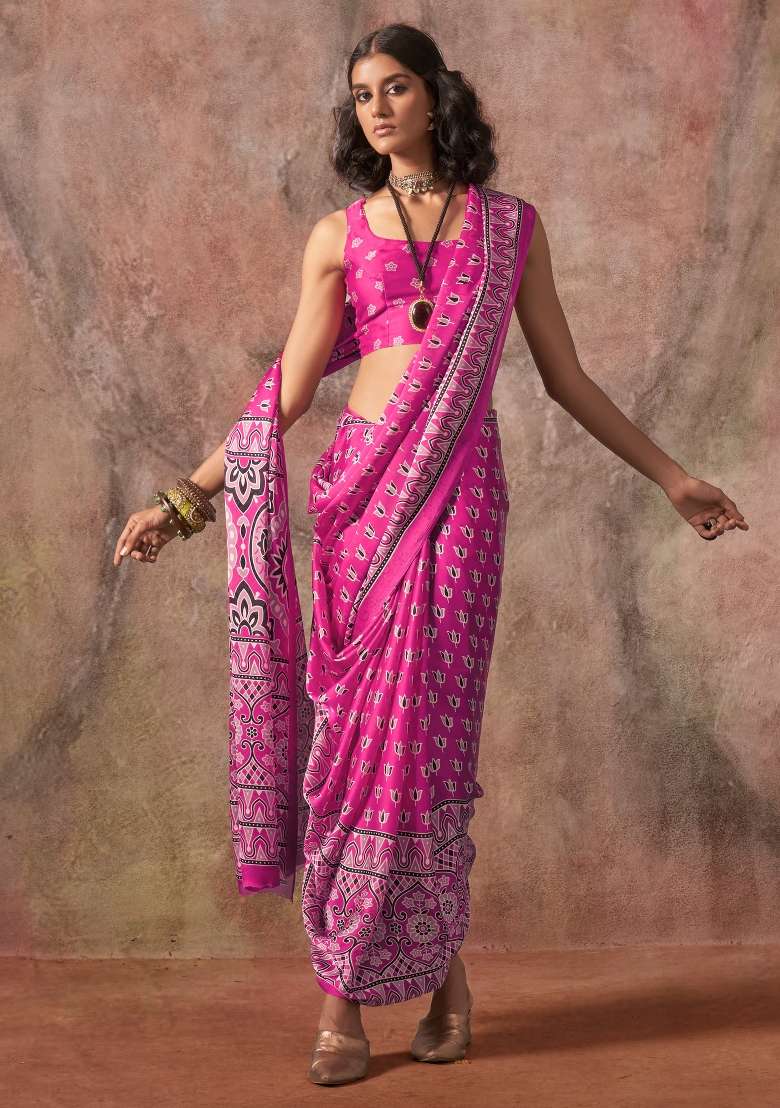 Pink Printed Satin Saree Set - Indya