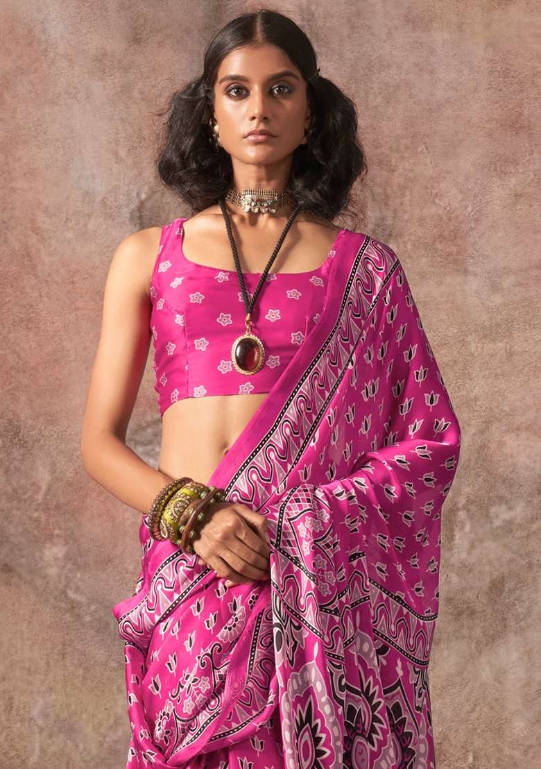 Pink Printed Satin Saree Set - Indya