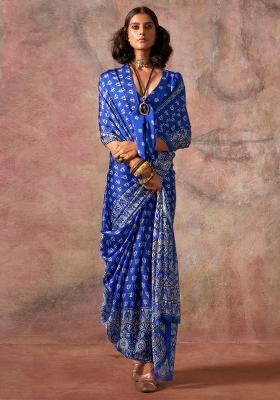 Blue Printed Satin Saree Set