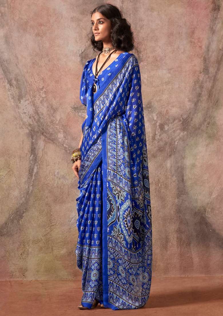 Blue Printed Satin Saree Set - Indya