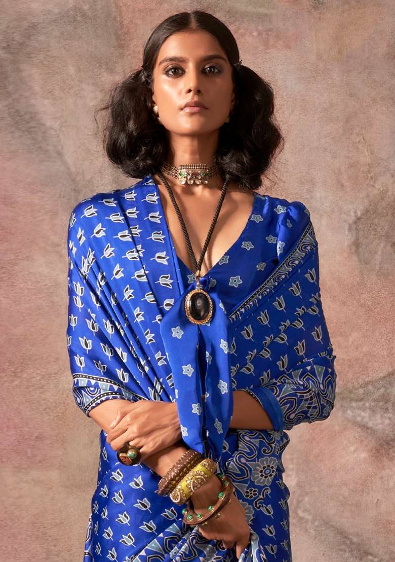 Blue Printed Satin Saree Set - Indya