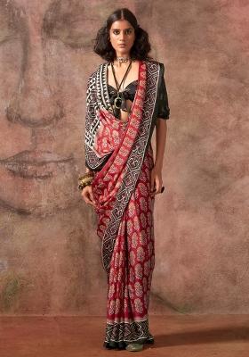 Maroon Printed Satin Saree Set